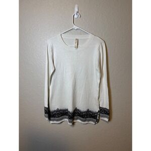 Cream Sweater with Black Lace Trim Long Sleeve Knit Top